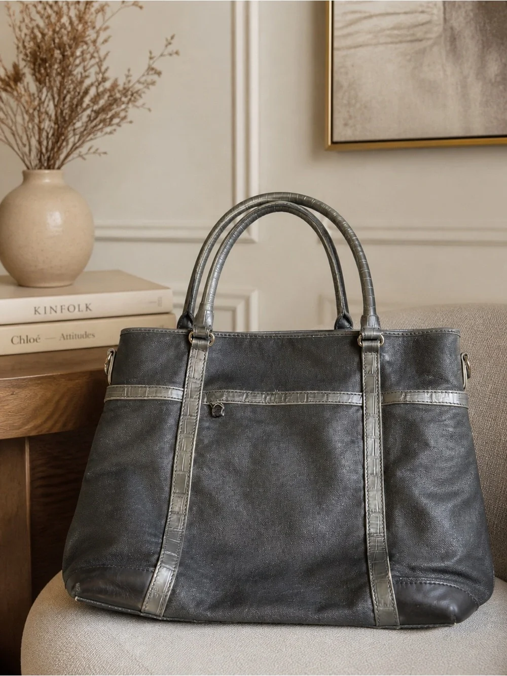 Brighton Silver Coated Canvas Satchel Tote Leather Trim Large Bag Rare